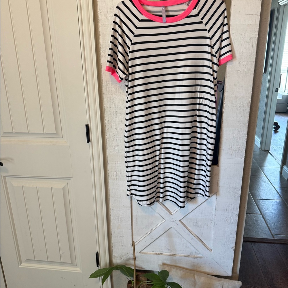 Lily Black and White Striped Top with Pink Trim